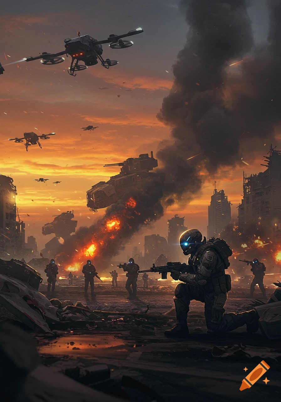 Futuristic soldiers and drones in a devastated city battlefield with explosions and smoke under an orange sunset sky.