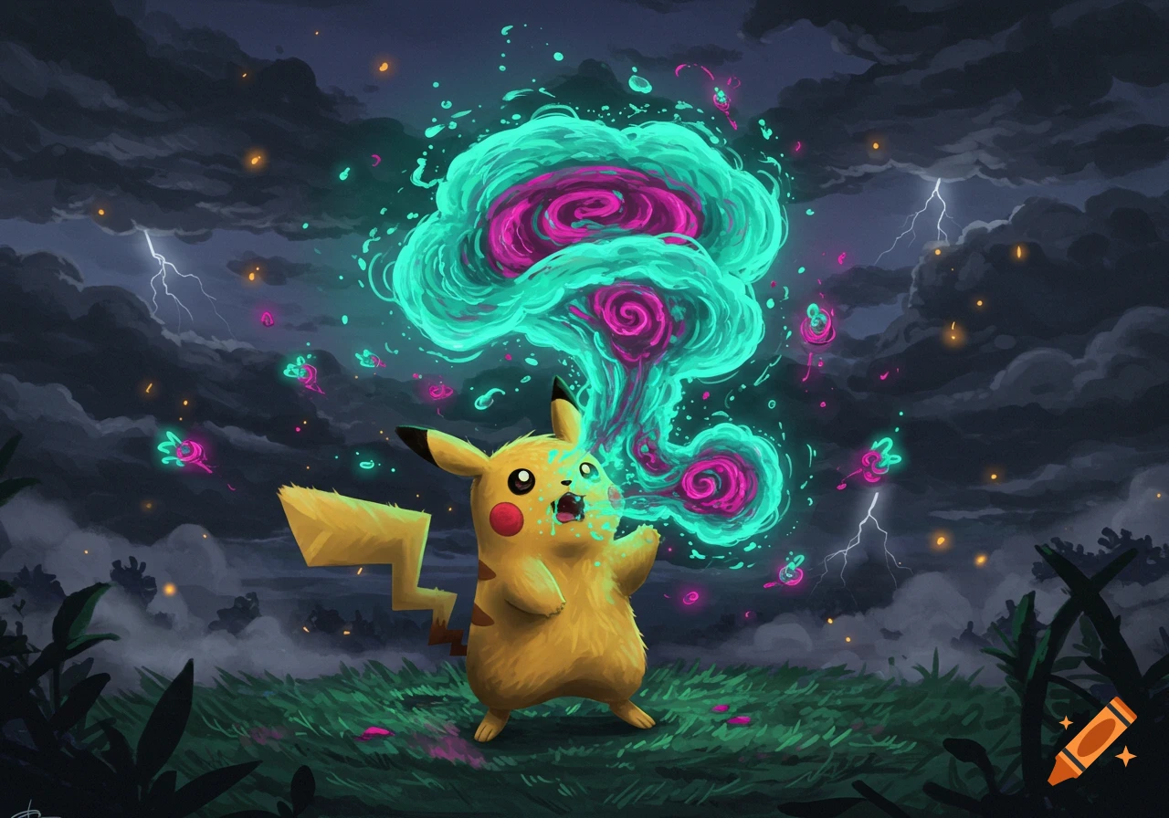A yellow Pikachu stands in a dark, stormy landscape, barfing a swirling cloud of glowing teal and pink energy. Lightning flashes.