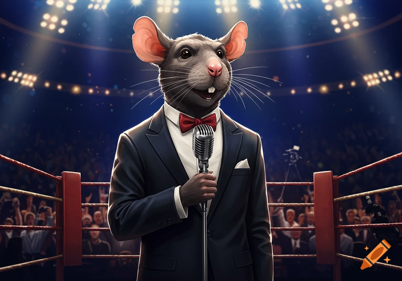 An anthropomorphic rat in a black suit and red bow tie holds a microphone in a boxing ring, under bright spotlights.