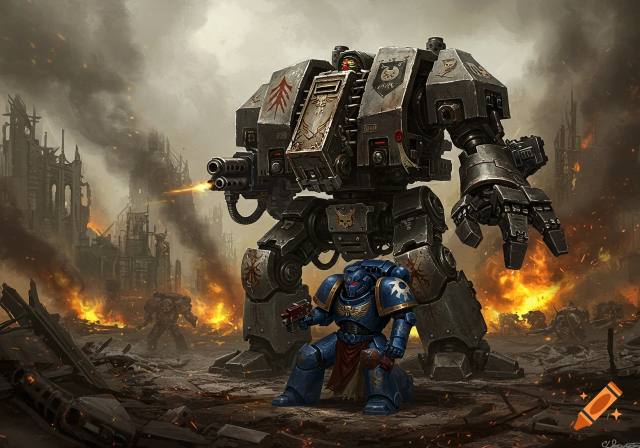 A massive gray Warhammer Leviathan Dreadnought shields a blue Space Marine in burning city ruins, explosions in the background.