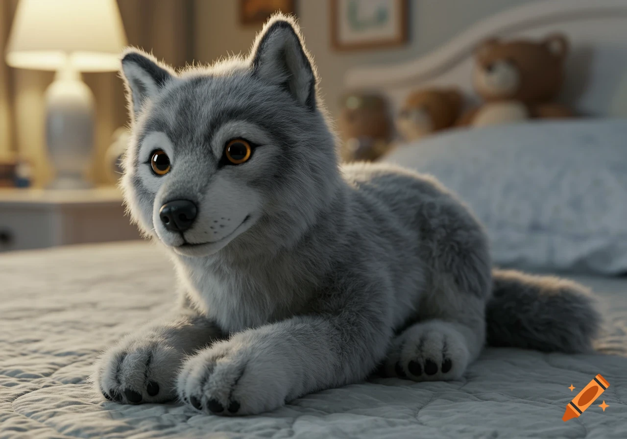 A photorealistic grey wolf plush toy with orange eyes lies on a white quilted bedspread in a softly lit bedroom.