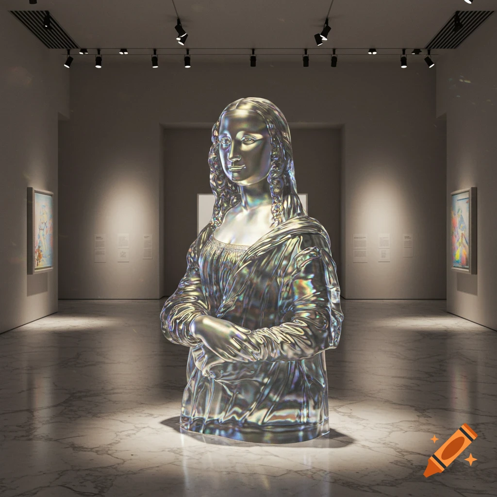 A luminous, iridescent glass 3D statue of Mona Lisa stands in a modern art museum with marble floors and spot lighting.