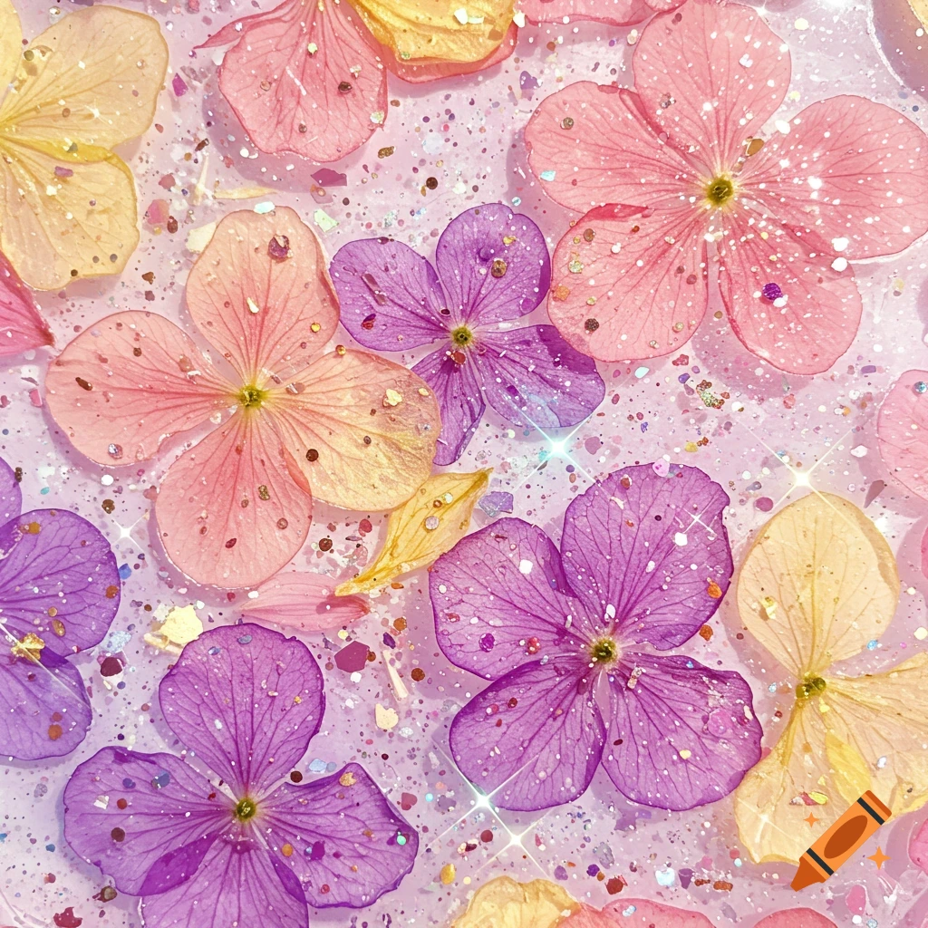 Close-up of vibrant pressed purple, pink, and yellow flowers with glitter suspended in a clear resin background.