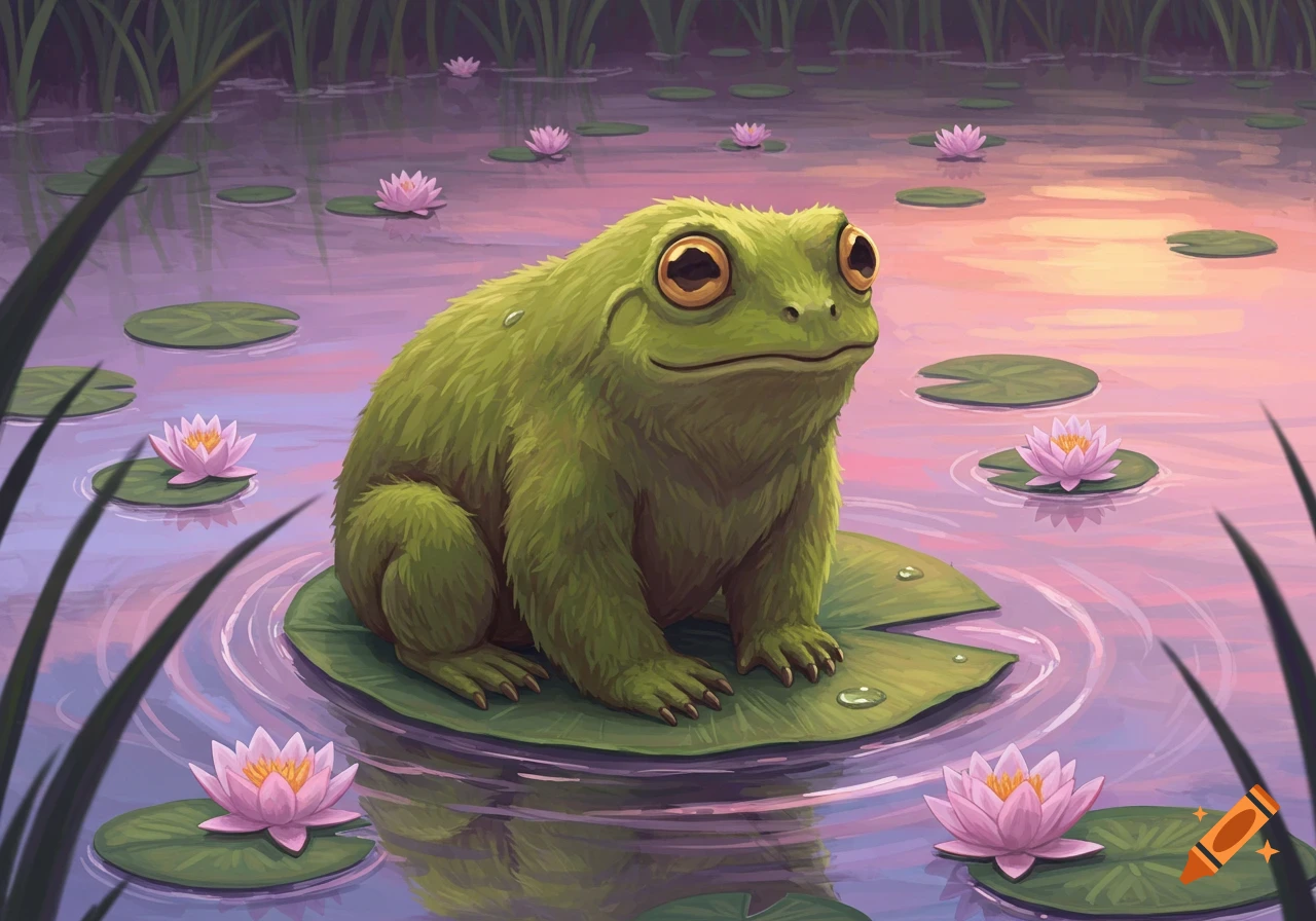 A fuzzy green frog-like creature with large eyes sits on a lily pad in a pond at sunset, surrounded by pink water lilies.