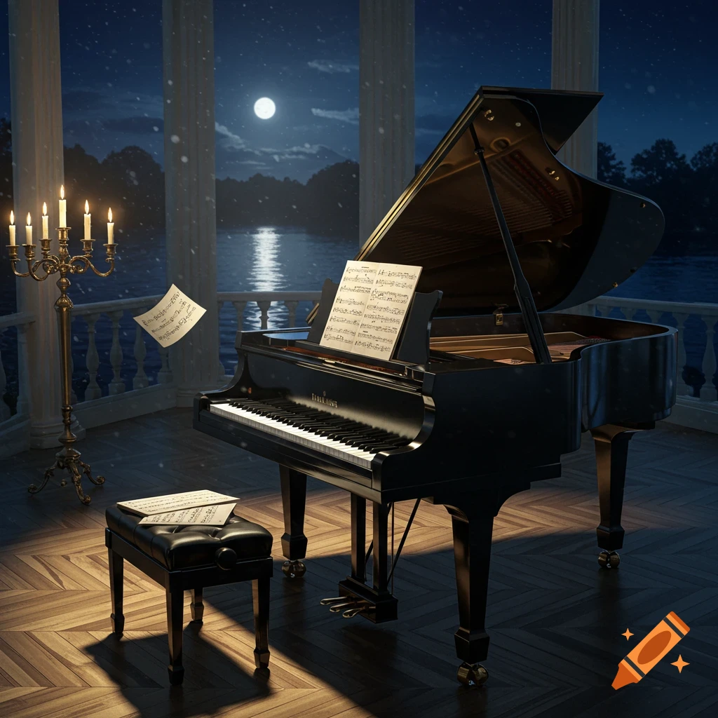 A grand piano with sheet music and a candelabra on a balcony overlooking a moonlit lake at night, with snow falling.