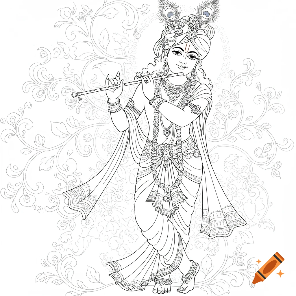 An outline drawing of Lord Krishna playing a flute, adorned with jewelry and peacock feathers, against delicate floral patterns.
