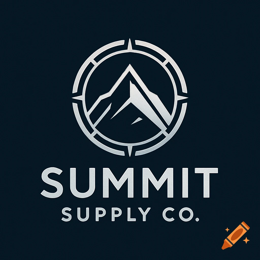 A silver logo for Summit Supply Co. featuring a stylized mountain peak within a compass rose, on a dark blue background.