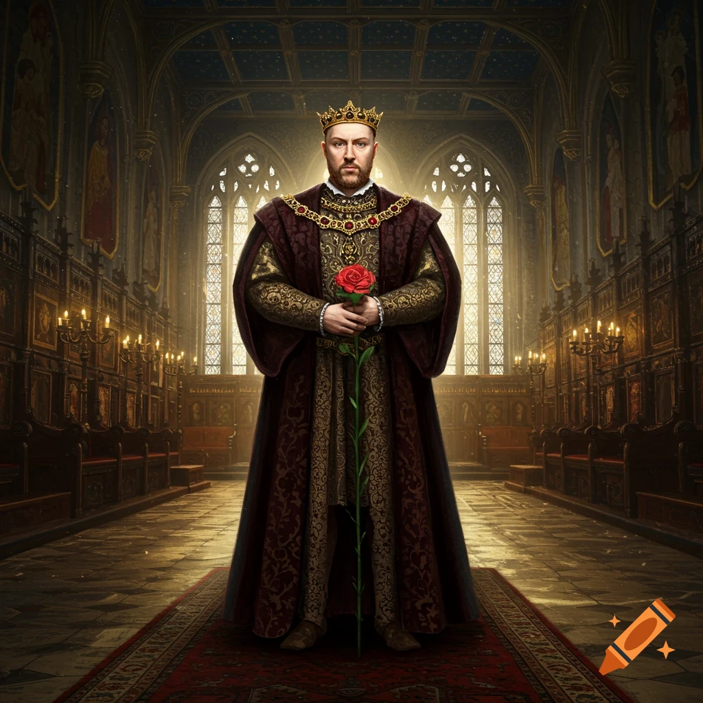 A crowned king in elaborate burgundy robes stands in a grand hall, holding a single red rose. Photorealistic digital art.