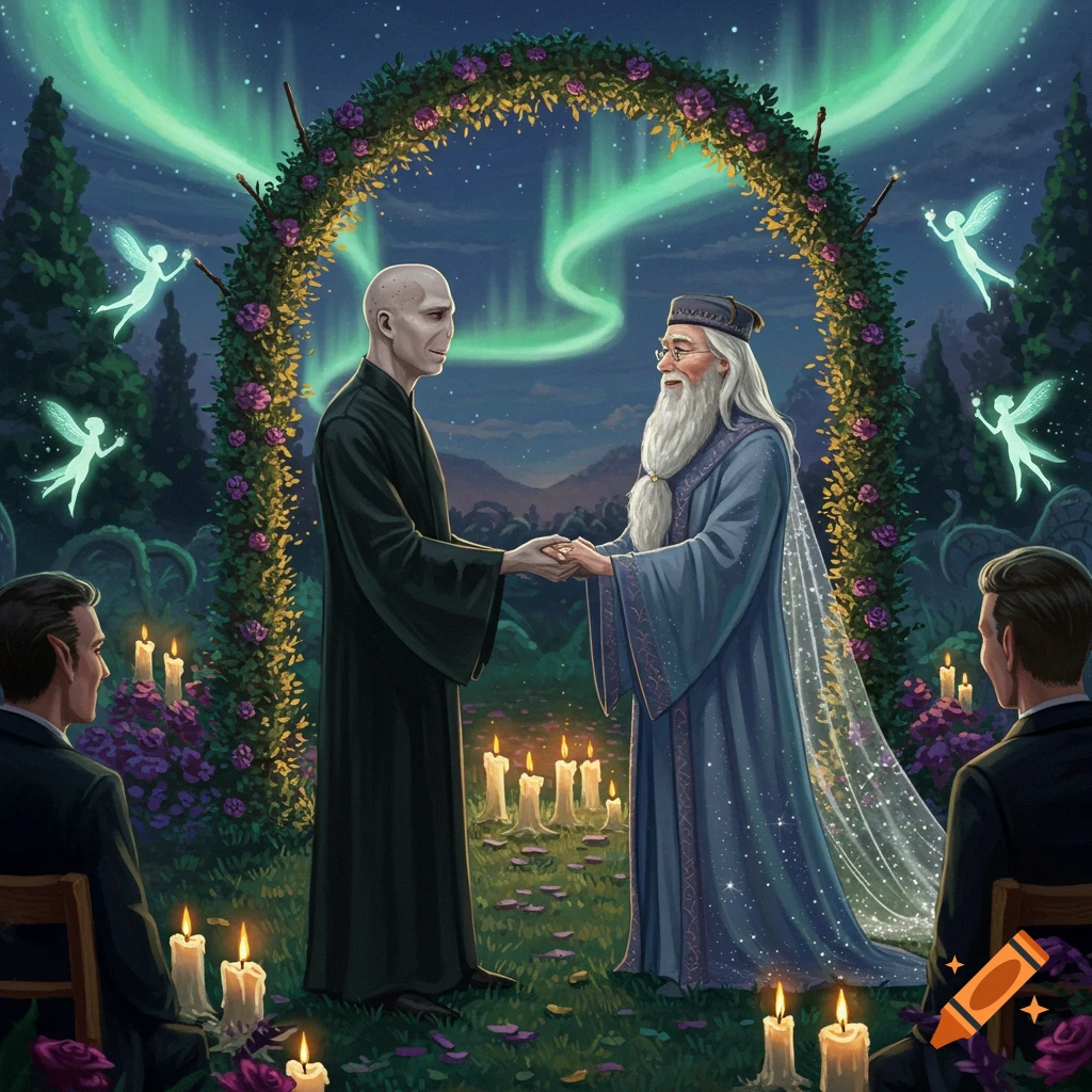 Illustrated scene of Voldemort and Dumbledore's wedding at night, under a floral arch with Northern Lights and fairies.