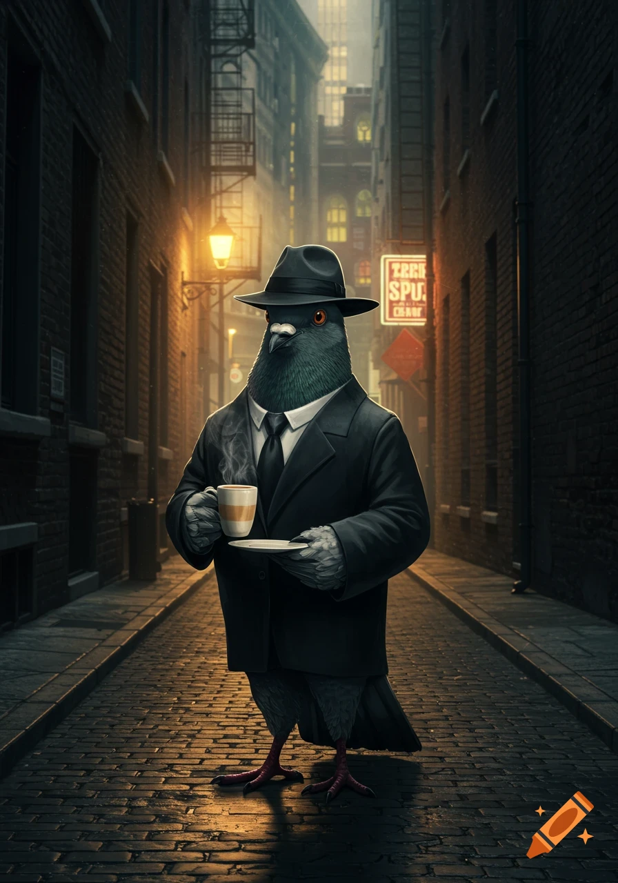 A pigeon in a black suit and fedora, holding a steaming coffee cup and saucer, stands in a dimly lit, narrow brick alleyway.
