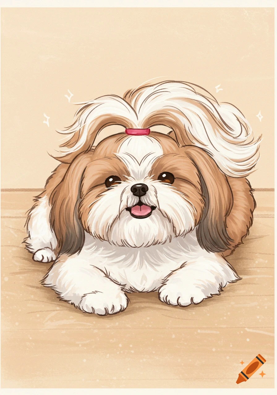 A happy, fluffy cartoon Shih Tzu dog with a topknot, lying on a light floor.