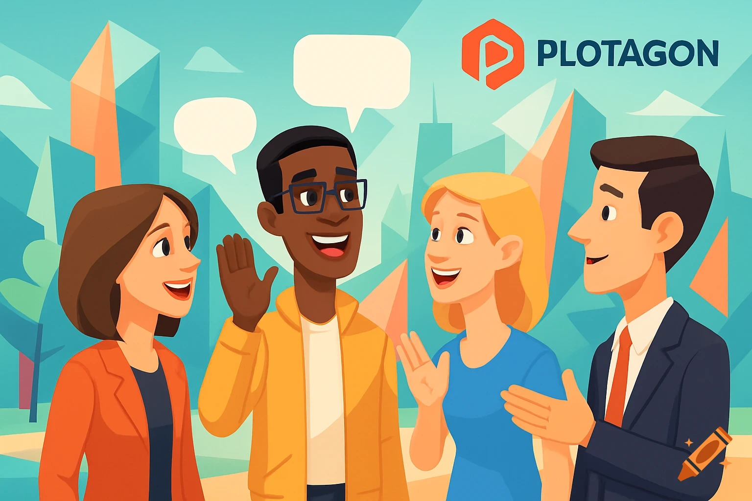 Cartoon illustration of four diverse people smiling and gesturing, with speech bubbles and the Plotagon logo, against a city backdrop.