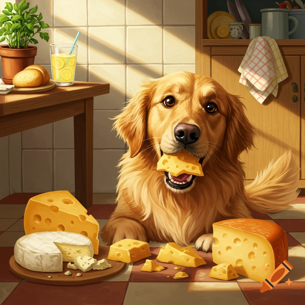 A cute golden retriever lies on a checkered kitchen floor, happily eating a piece of cheese, surrounded by various cheese blocks.