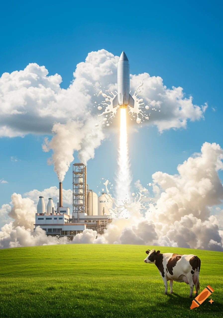 A photorealistic image of a rocket launching from a milk factory, with milk splashing, a cow in a green field, under a blue sky.