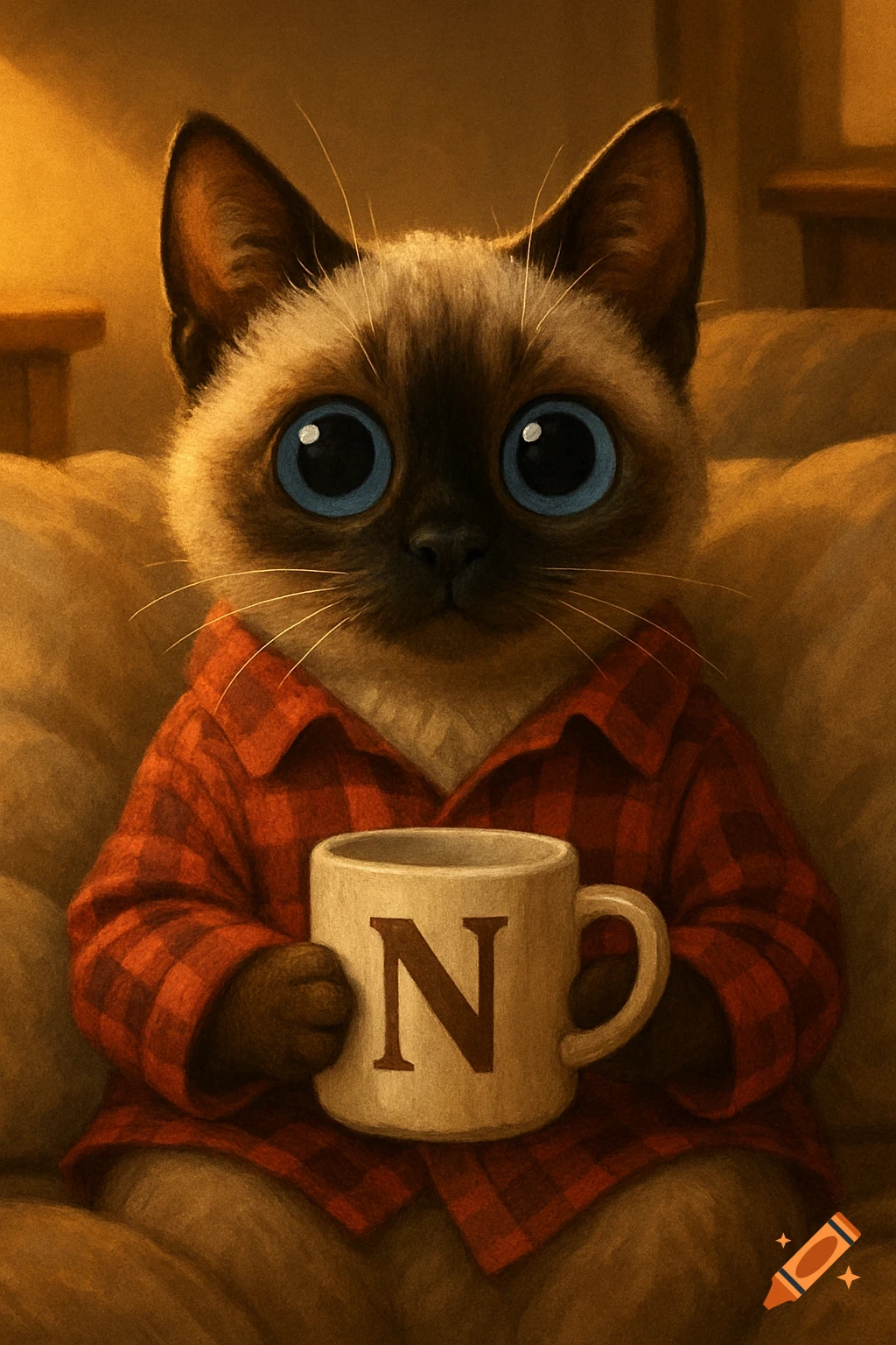 Cute Siamese cat in red plaid shirt, large blue eyes, holding a white mug with 'N', looking surprised in a cozy, softly lit room.
