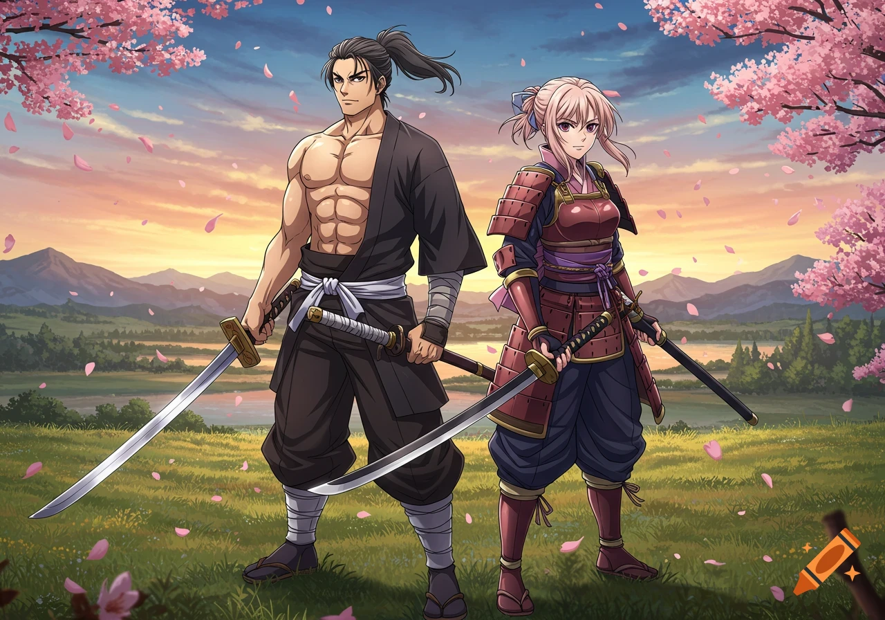 Anime style illustration of a muscular man and a woman in samurai armor holding swords in a field with cherry blossoms at sunset.