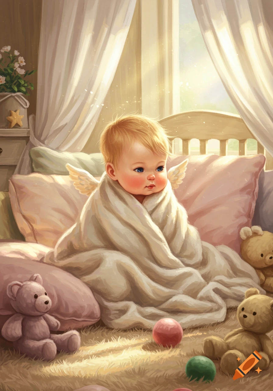 A cute, blonde baby angel with blue eyes, wrapped in a blanket, sits in a sunlit room with teddy bears in a digital painting.