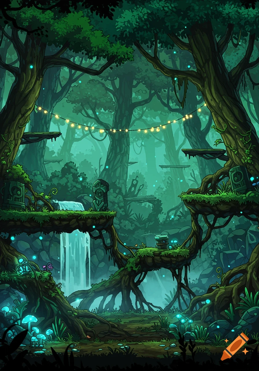 2D magical forest scene with glowing mushrooms, a waterfall, ancient stone structures, and platforms, typical of a video game environment.