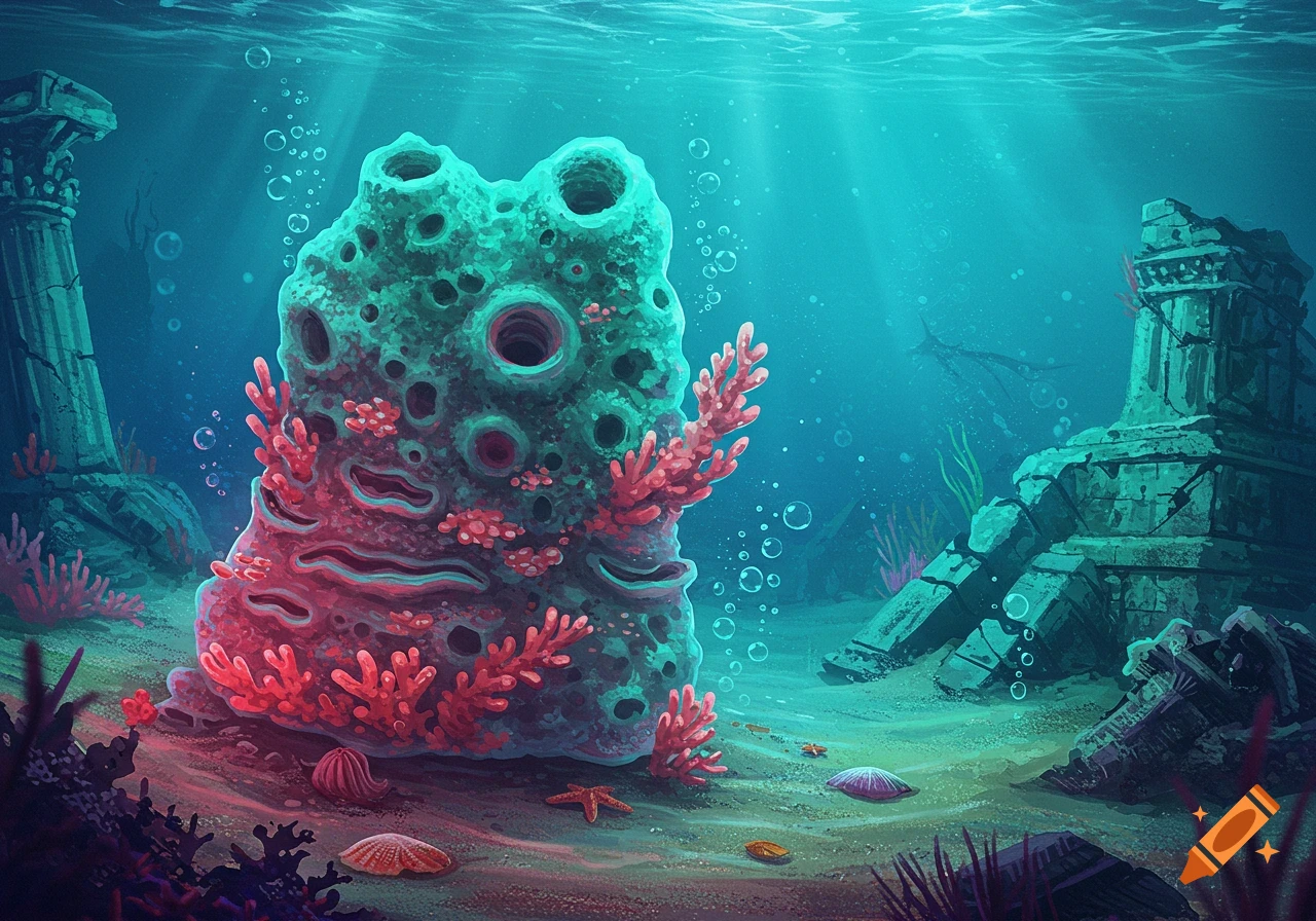 Vibrant underwater illustration with colorful coral, teal sponges, and submerged ancient ruins bathed in sunbeams.