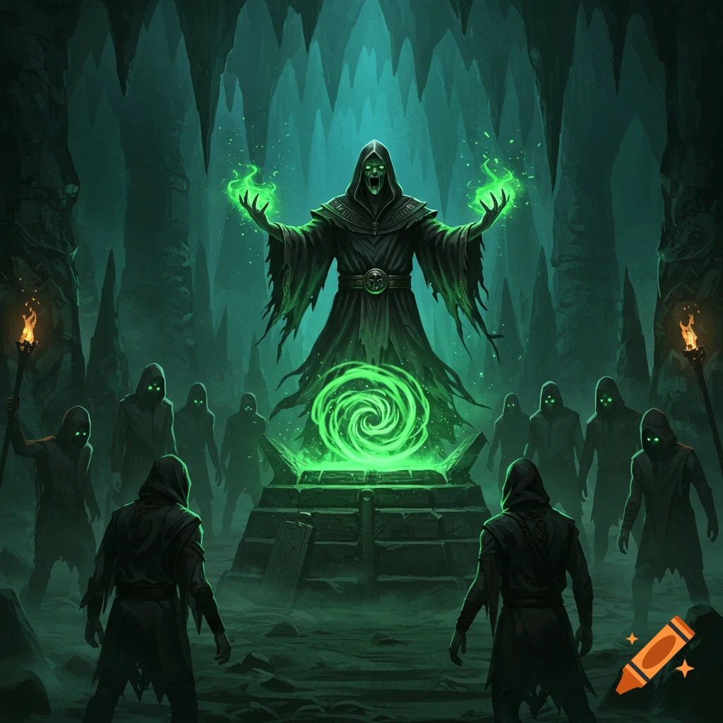 Dark fantasy art of a hooded sorcerer performing a ritual with green magic in a cave, surrounded by robed acolytes.