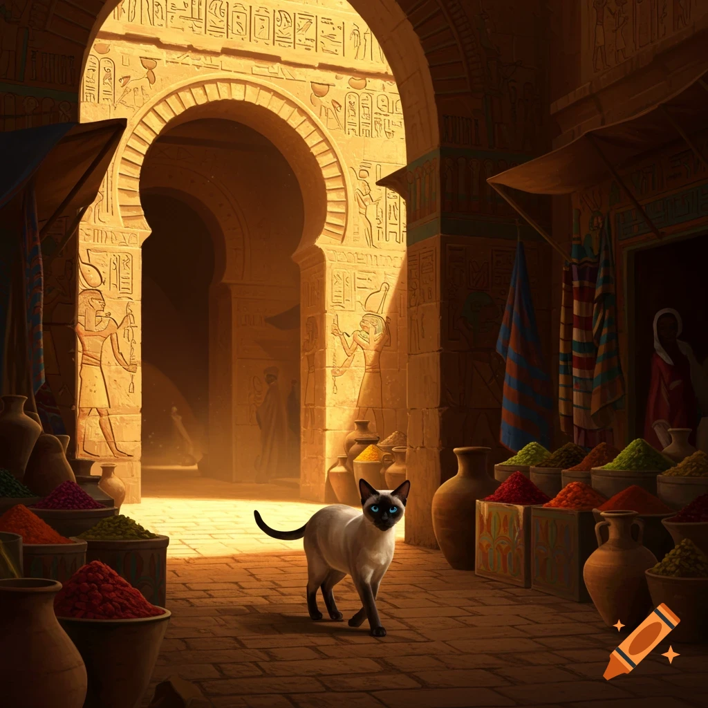 A Siamese cat walks in a golden-lit ancient Egyptian market with spice stalls and hieroglyph-carved archways.