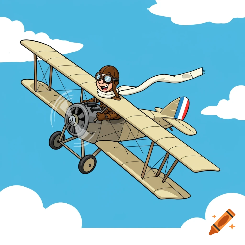 A cheerful cartoon pilot in a vintage biplane flies in a blue sky with clouds.