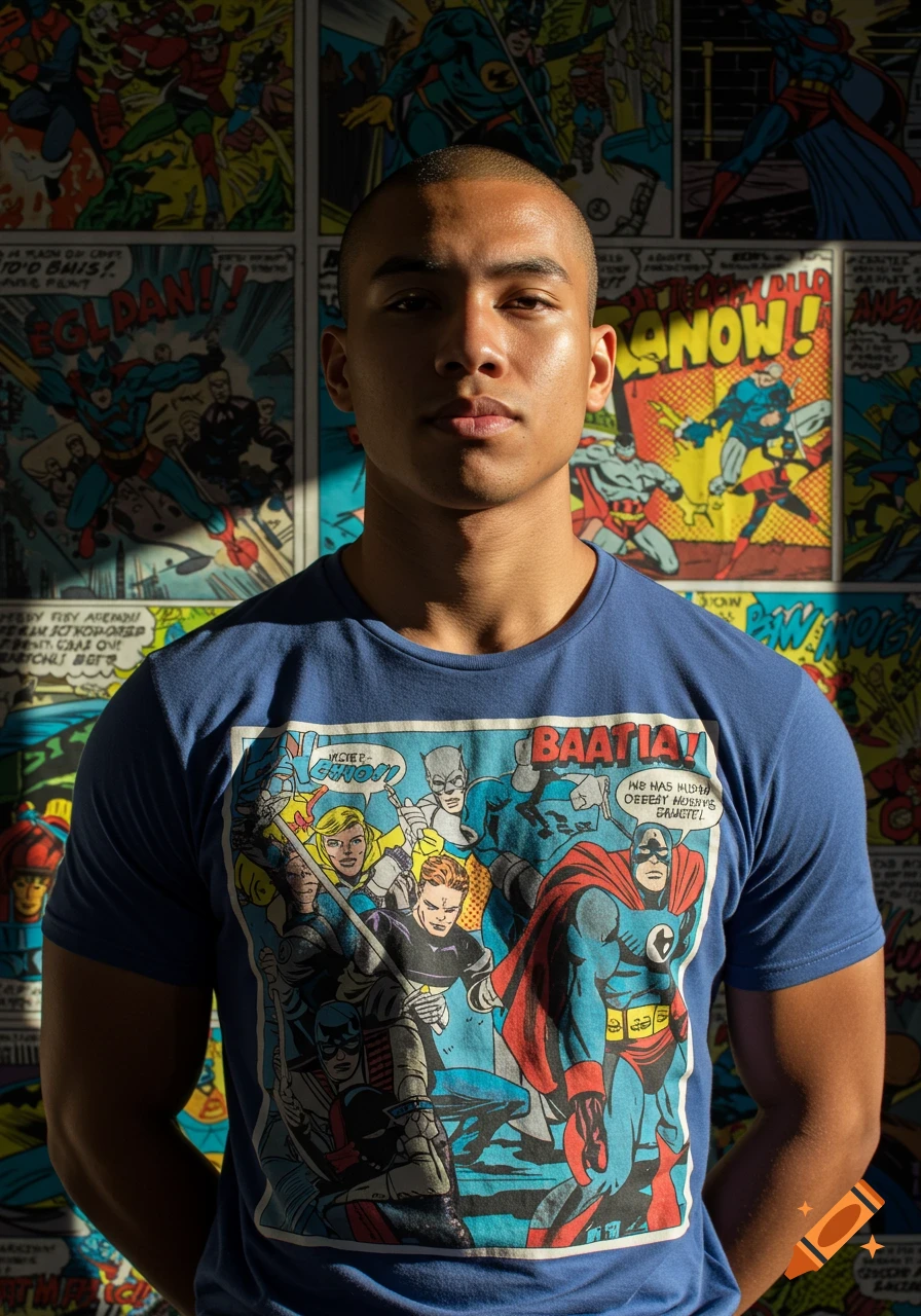 A young man with a shaved head and a blue t-shirt featuring comic book superheroes stands against a wall covered in comic book panels. Sunlight shines on his face.