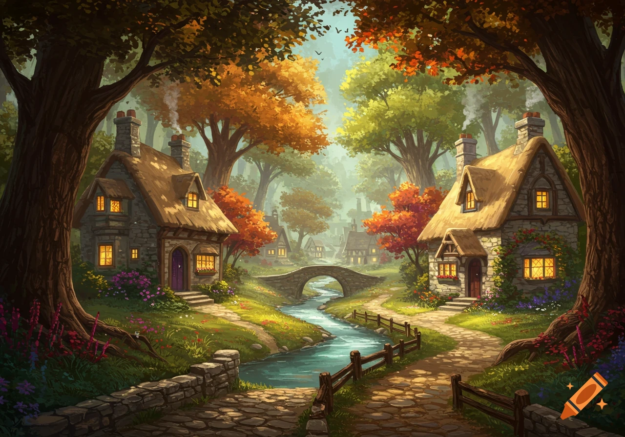 A whimsical, autumnal forest village with two stone cottages, a bridge over a winding river, and glowing windows, in an illustrative style.