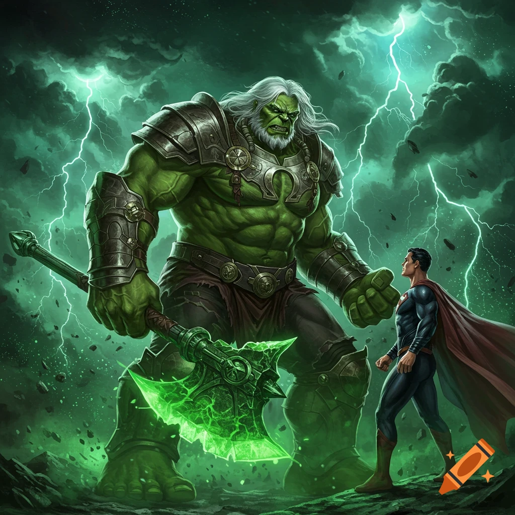 World War Hulk with white hair and a green axe confronts Superman in a black suit, surrounded by green lightning.