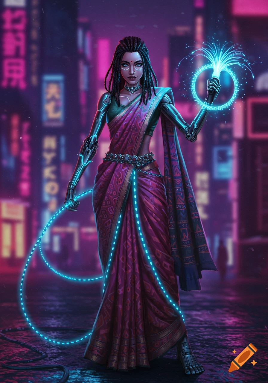 A cyberpunk woman with cybernetic arms, dreadlocks, and a sari, holding glowing blue energy, stands in a neon-lit city.