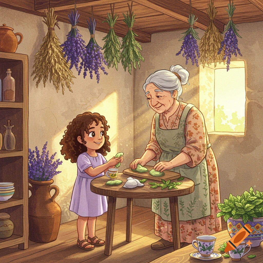 A watercolor illustration of a grandmother and a young girl making mint tea and poultices in a cozy kitchen with hanging herbs and sunlight.