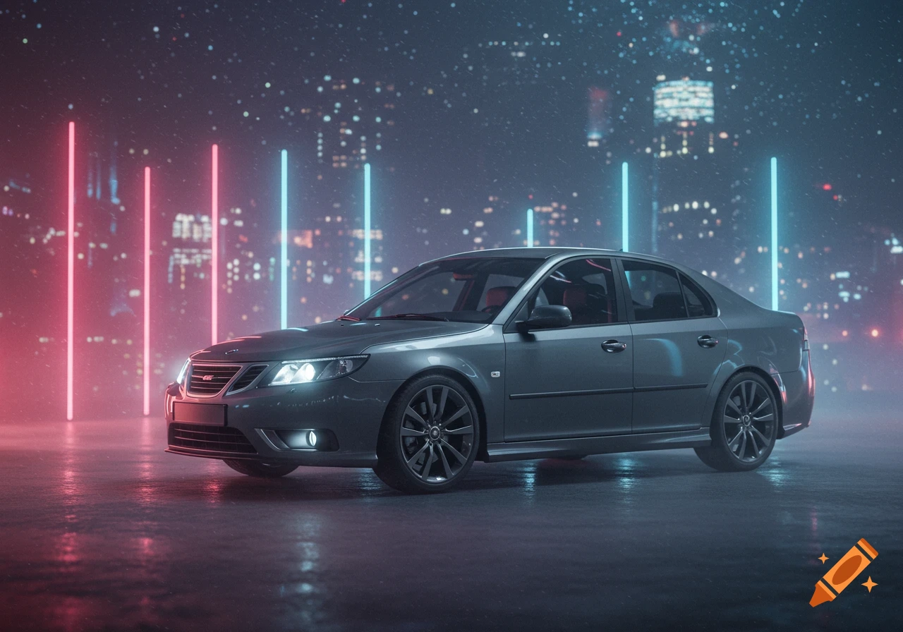 Photorealistic space grey Saab 9-3 Aero parked on a wet street at night, with a blurred cityscape and pink and blue neon lights in the background.