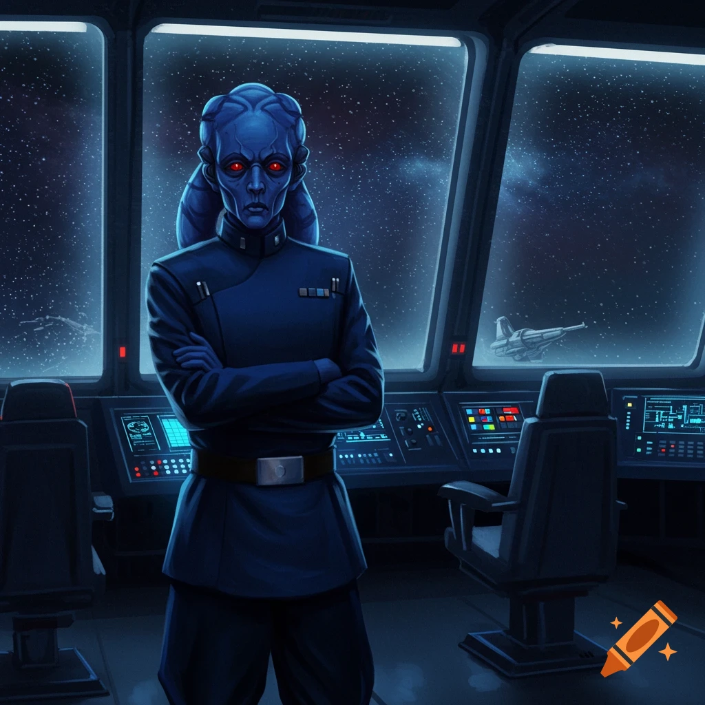 A blue-skinned Chiss alien in a dark uniform stands in a futuristic spaceship cockpit, viewing space and stars.