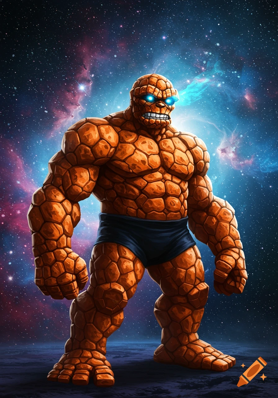 A muscled, rocky orange superhero, "The Thing", stands in space with glowing blue eyes and a blue energy blast.