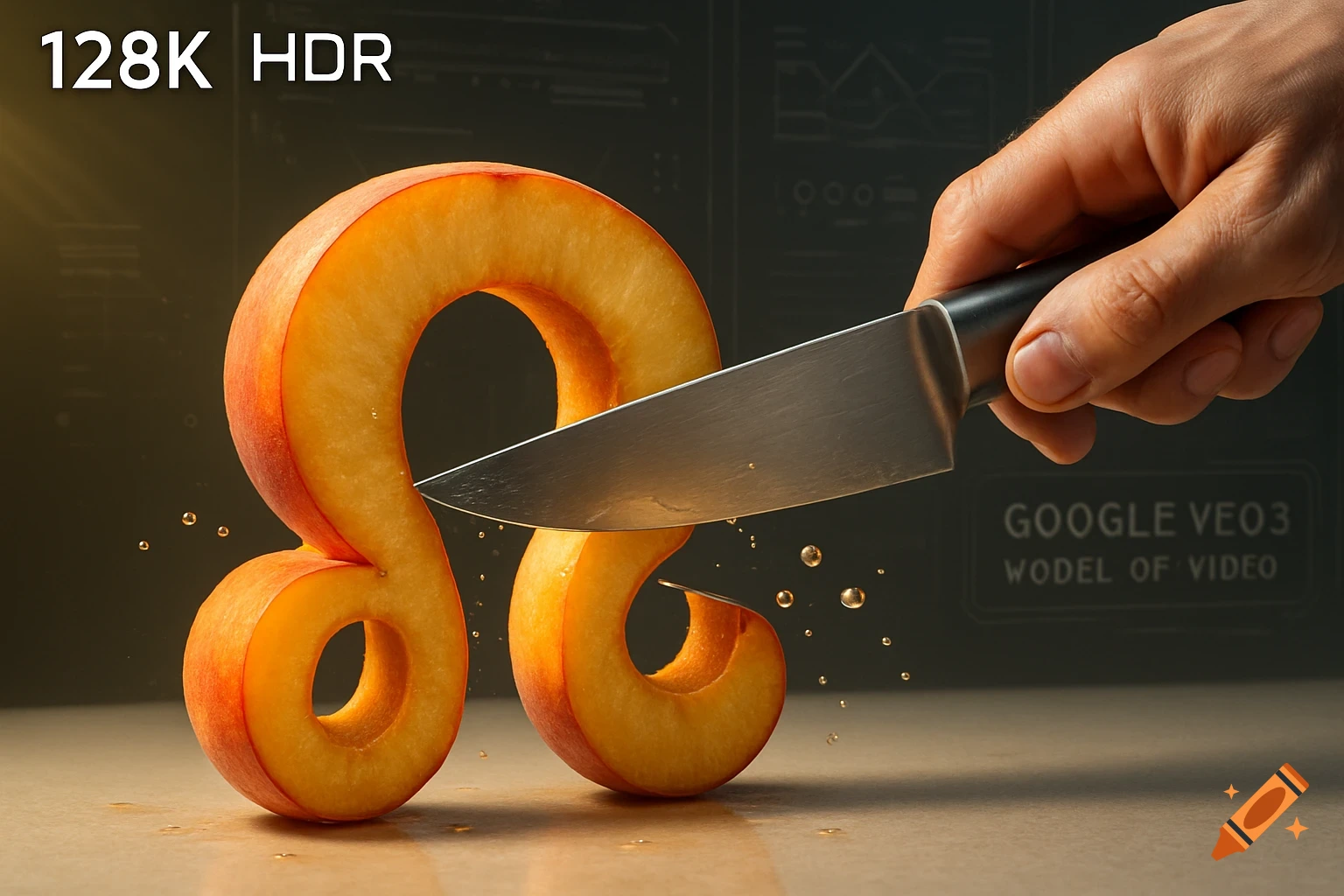 A hand holds a knife, cutting a peach-like fruit shaped like an uppercase omega symbol. Text "128K HDR" is in the top left, and "GOOGLE VEO3 WODEL OF VIDEO" in the bottom right.