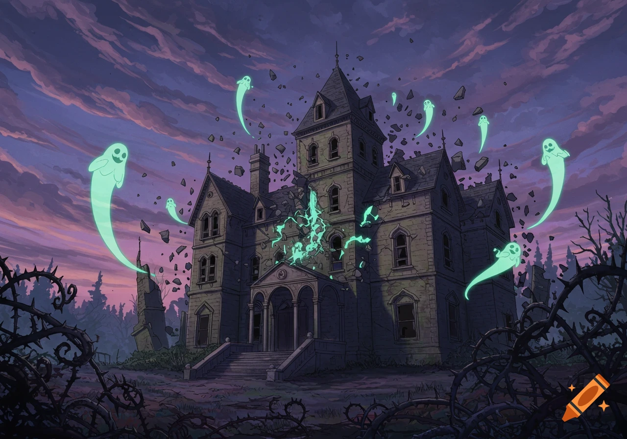 An old, haunted mansion with cartoonish ghosts flying around it, breaking apart under a purple and orange sky, in an anime style.