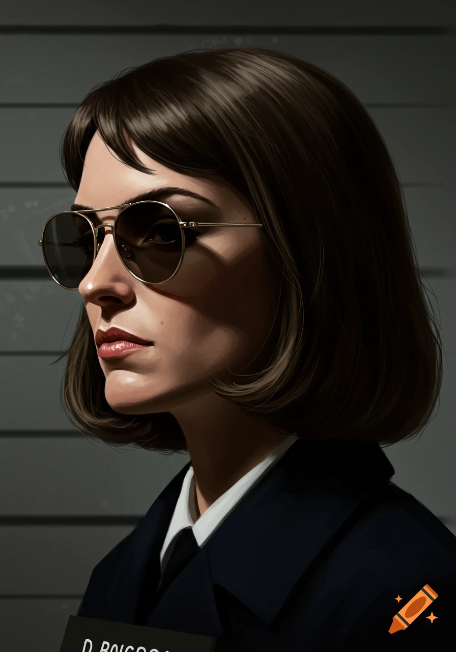 Illustration of a woman in sunglasses and uniform, in a side-profile mugshot against a striped wall.