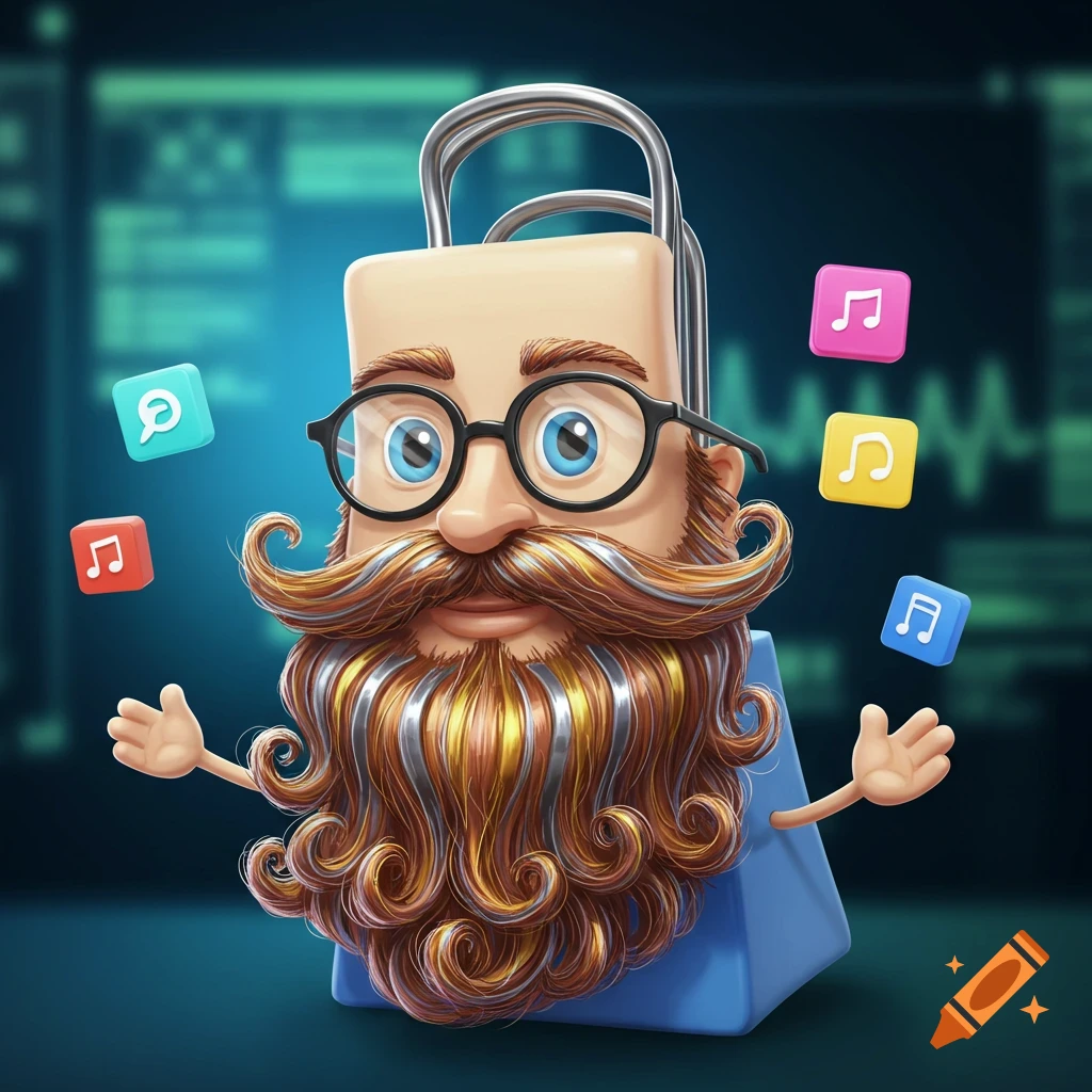 A cartoon paperclip character with a large beard and glasses, surrounded by floating app icons, against a blurry tech background.