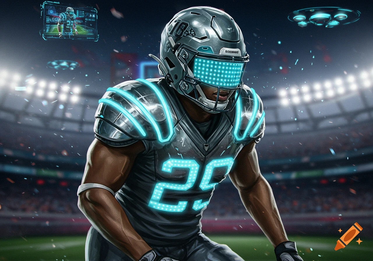 Futuristic American football player in a chrome uniform with glowing blue accents and a light-up visor, standing in a stadium.