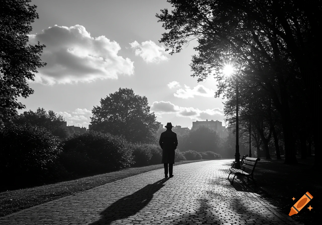 Black and white photo of a person in a hat and coat walking on a park path, silhouetted against a bright, cloudy sky.