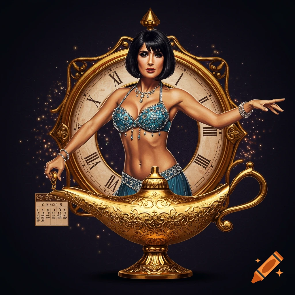 An illustrative image of a dark-haired genie woman in a turquoise belly dance outfit emerging from a golden lamp, framed by an ornate clock face, holding a small, illegible calendar.