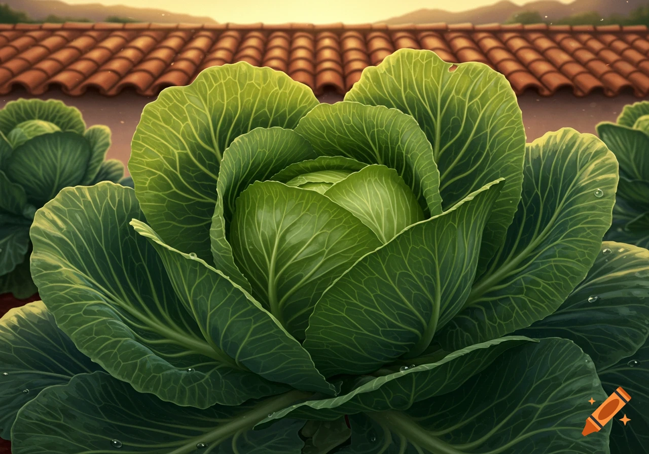 A close-up view of a vibrant green cabbage plant with water droplets on its leaves, against a blurred background of a red tiled roof and a bright sky.