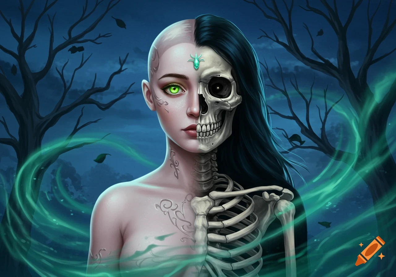 A woman is half human with pale skin, a green eye, and decorative tattoos, and half a skeletal figure with dark hair and a black eye, enveloped in green mystical energy against a dark, bare tree background.