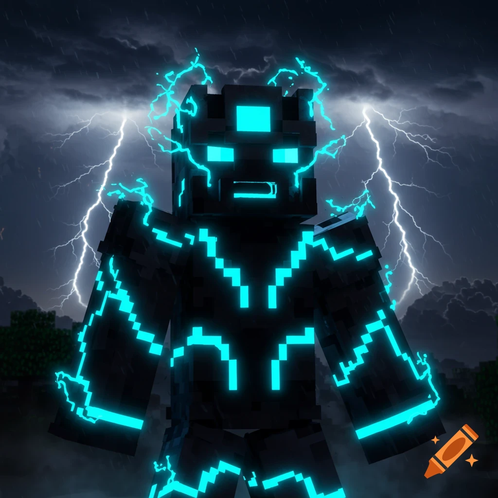 A dark, blocky character resembling a Minecraft skin, glowing with blue lightning patterns against a stormy sky.