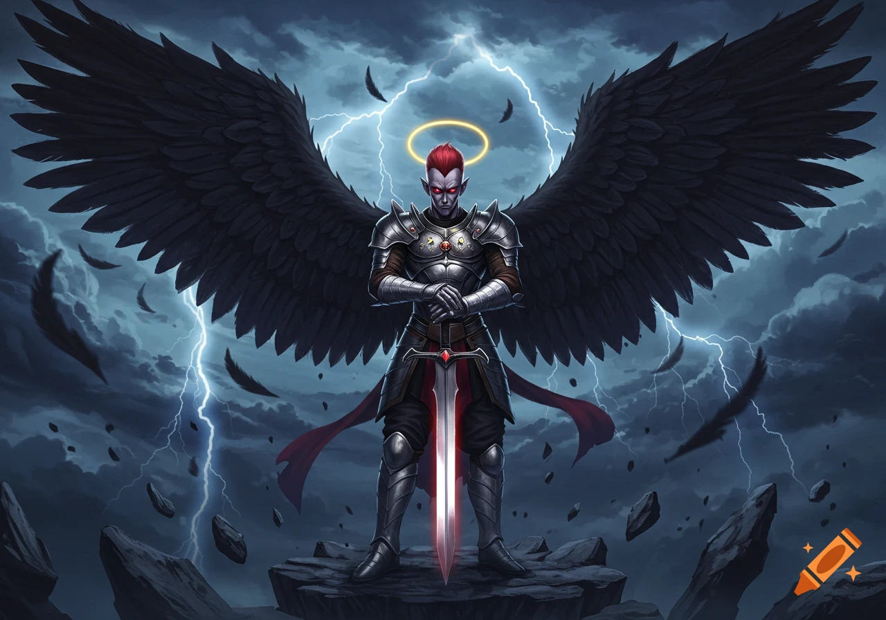 A dark-skinned, red-haired warrior with large black wings and a golden halo stands armored with a glowing sword against a stormy, lightning-filled sky.