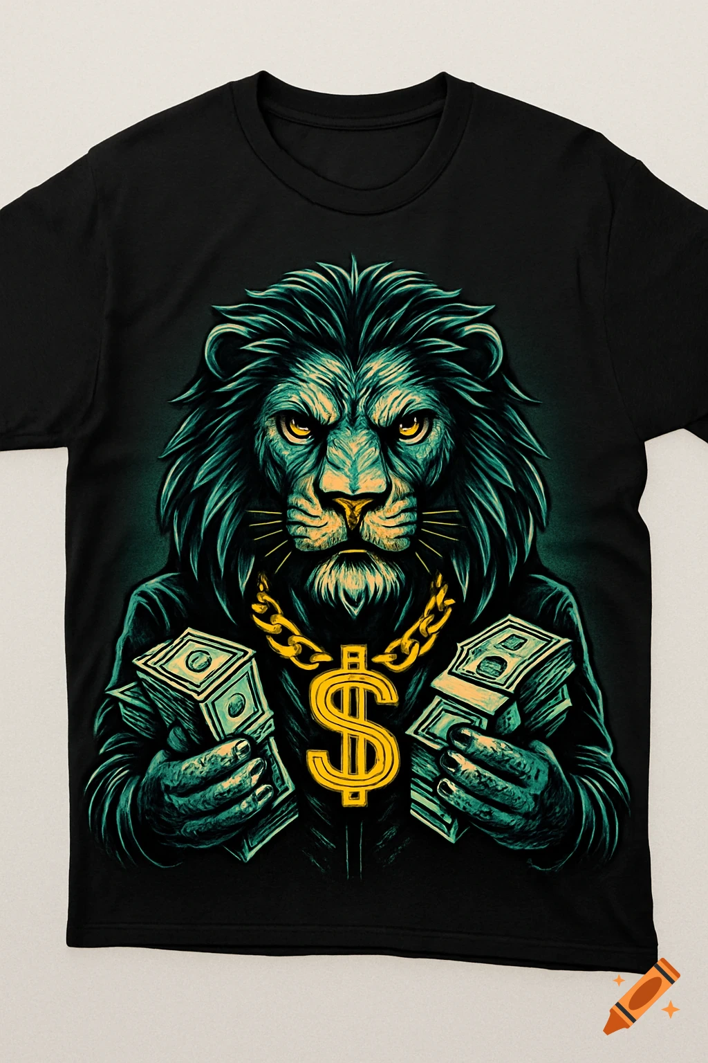 A stylized lion with a gold dollar sign chain and holding stacks of money, on a black t-shirt.
