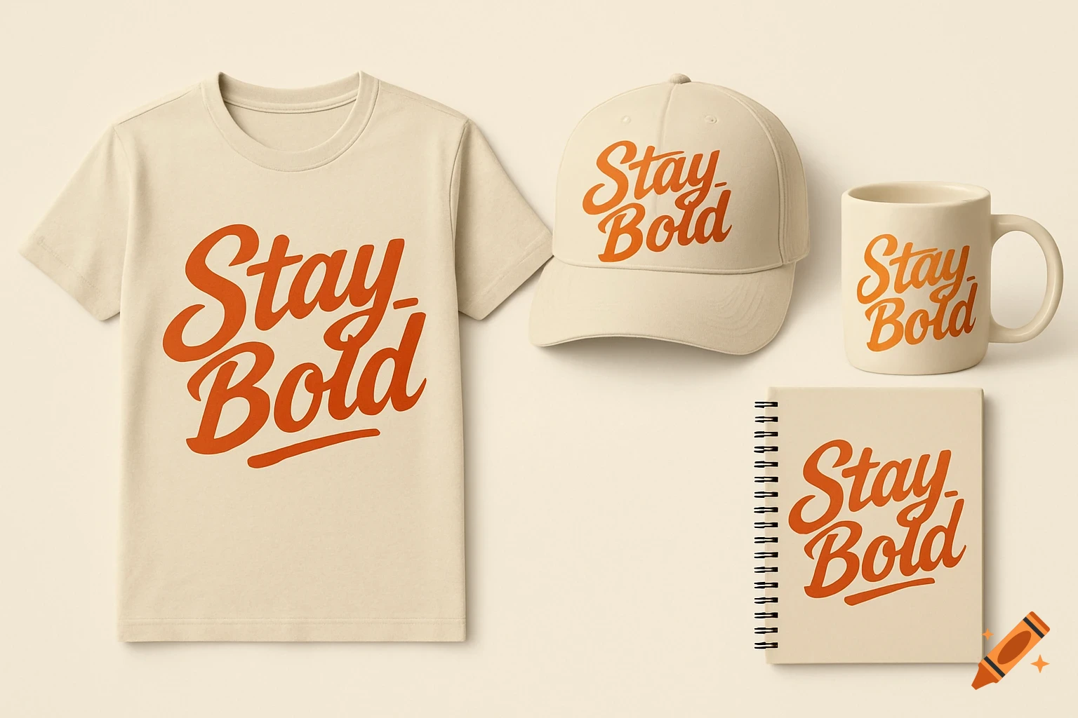 A flat lay of beige merchandise items: a t-shirt, cap, mug, and spiral notebook, all featuring an orange 'Stay Bold' logo in a script font.