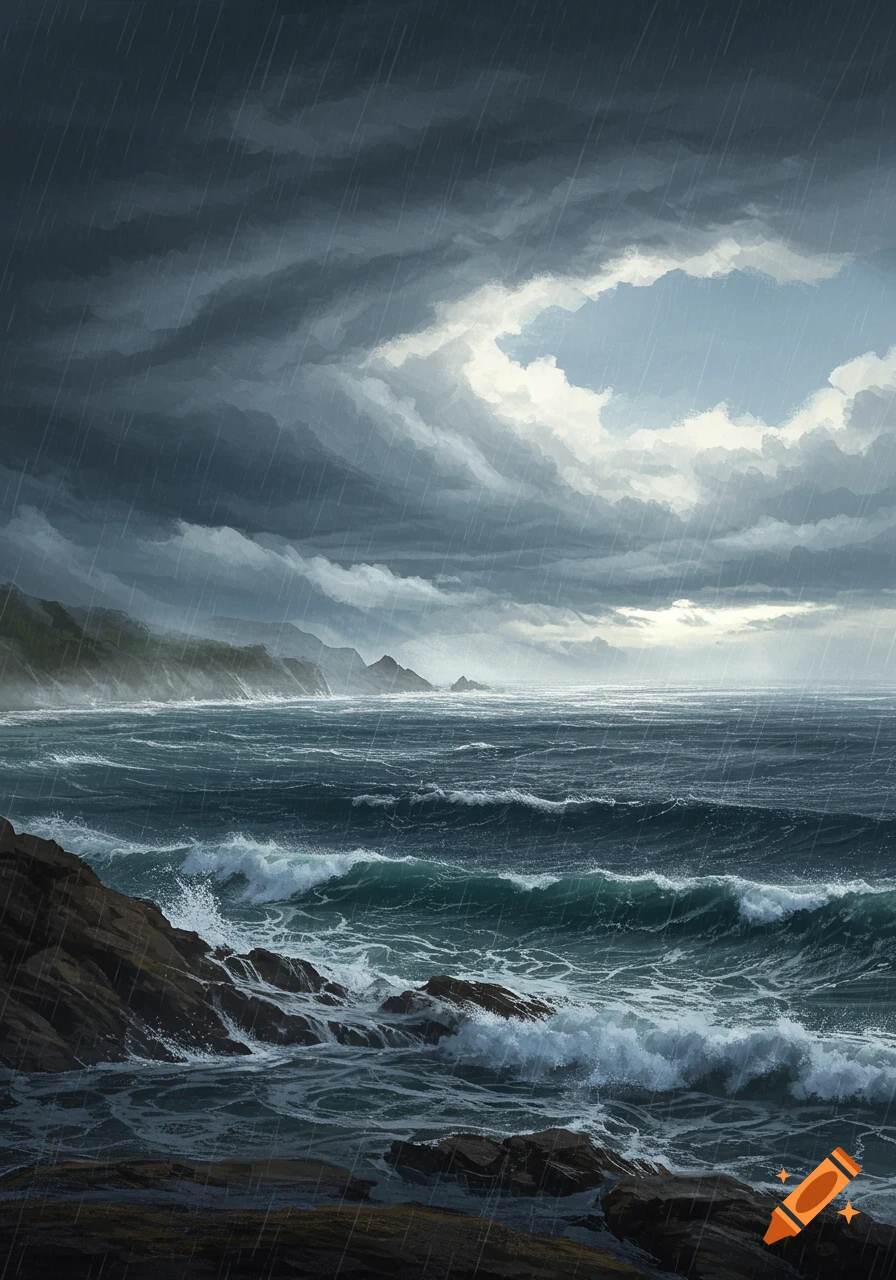 A stormy ocean scene with large waves crashing on rocky shores under dark, rainy clouds with a patch of blue sky and light breaking through.