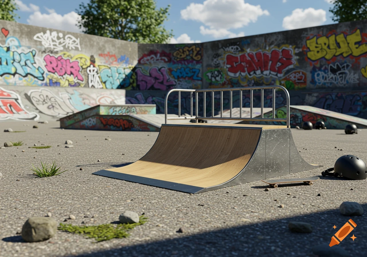 A photorealistic outdoor skate park with a wooden half-pipe, graffiti-covered walls, and a skateboard and helmet on the ground.