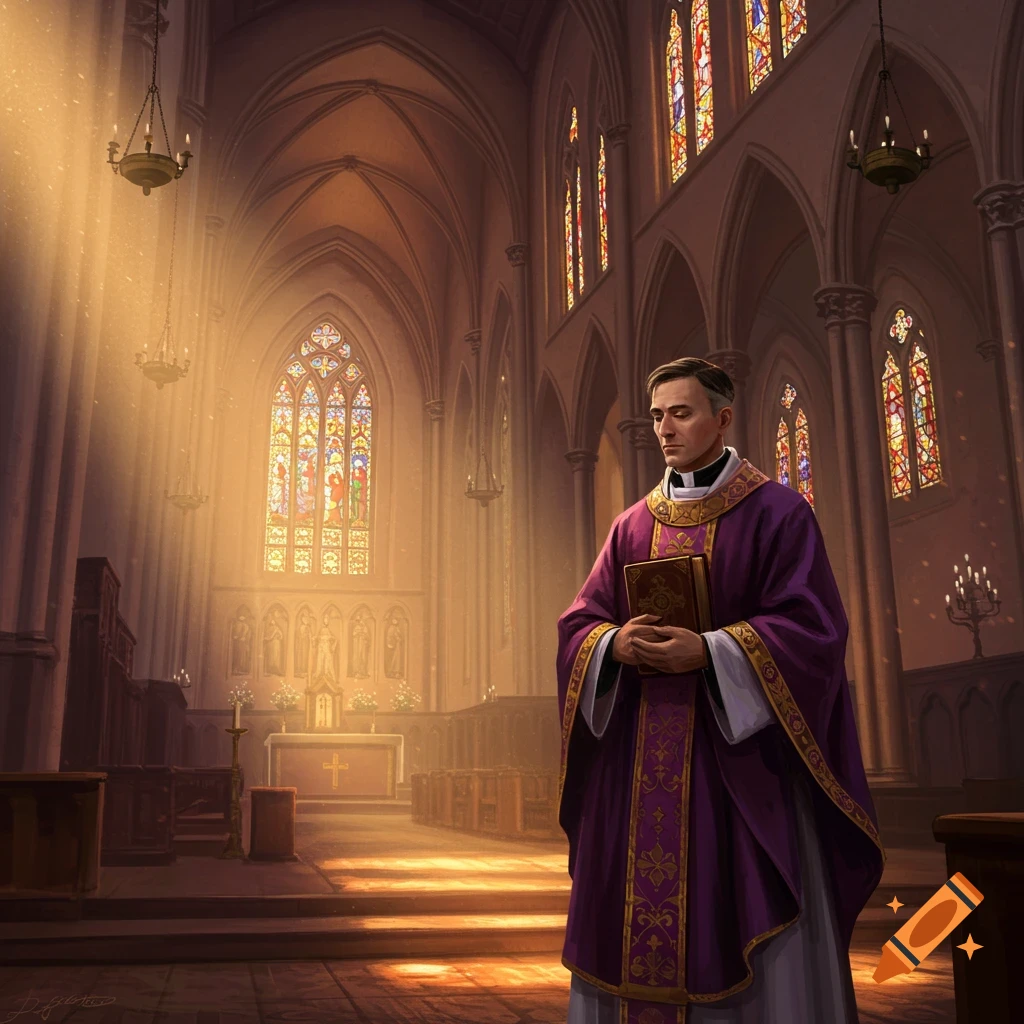 A priest in purple vestments holds a book in a grand, sunlit gothic church with stained glass windows.